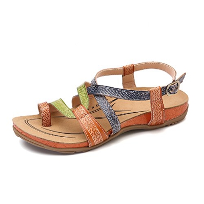 gracosy Sandalias Cuero Planas Verano Mujer Estilo Bohemia Zapatos para Mujer de Dedo Sandalias Talla Grande 37-42 Chanclas Romanas de Mujer Rojo Azul