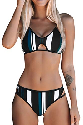 CUPSHE Mujer Bikini Rayas Azul Blanco y Negro/Blanco L