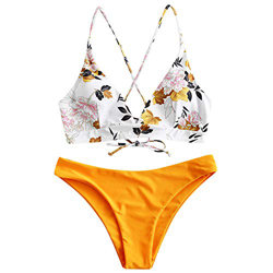 ZAFUL Bañador de bikini trenzado con estampado, sujetador acolchado sin hilos, Breif de cintura baja Amarillo 1 XL en oferta