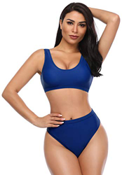 SHEKINI Bikini de Mujer Trajes de Baño de Dos Piezas Low Scoop Top de Cosecha Baja de Cuchara High Waisted Brasier Deportivo Top Racerback (M, Añil) en oferta