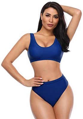 SHEKINI Bikini de Mujer Trajes de Baño de Dos Piezas Low Scoop Top de Cosecha Baja de Cuchara High Waisted Brasier Deportivo Top Racerback (M, Añil)