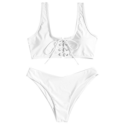 ZAFUL - Bikini deportivo para mujer, con escote en U Blanco L