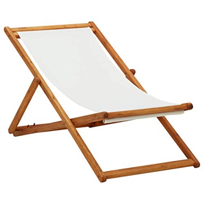 vidaXL Madera de Eucalipto Silla de Playa Plegable Asiento Reclinable Piscina Camping Hamaca Tumbona Jardín Patio Balcón Tela Blanco Crema