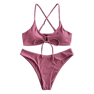 ZAFUL Bikini de corte alto con cordones para mujer Rosa S