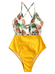 ZAFUL Traje de baño de piña con encaje y cintura alta tropical para mujer amarillo L en oferta