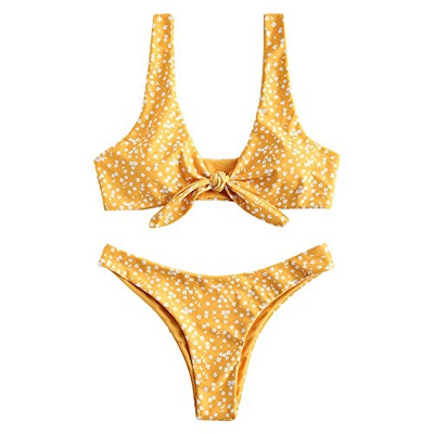 ZAFUL Conjunto de bikini para mujer con escote en U, con flores, cintura baja y nudos amarillo S