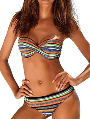 PANOZON Mujer Bikini Traje de Baño Sexy Cuello Halter Acolchado Conjunto Pushup Braga 2 Piezas (M, Z-Rayas)