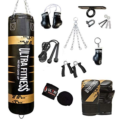 ULTRA FITNESS Juego de sacos de boxeo con guantes de entrenamiento, cadena de acero y gancho de techo (120 x 30 cm)