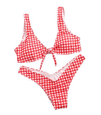 DELEY Mujeres Retro Cuadros Nudo De Corbata Frente Bikini Push Up Acolchado Trajes De Baño Swimsuit Ropa De Playa Rojo-1 Tamaño S