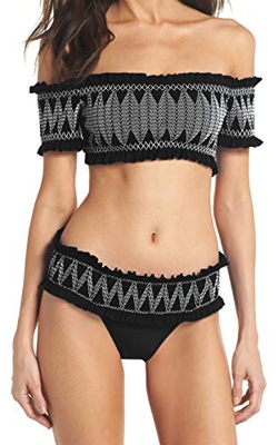 Ocean Plus Mujer Bikini Manga Corta Rayas Bandolera Bandeau con Correas Ajustables Traje de Baño Tankini - Negro - X-Large