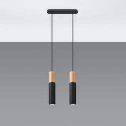 Lámpara colgante Tube, madera, negro, 2 luces en oferta