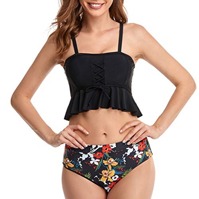 YpingLonk Mujeres más tamaño Floral impresión Alta Cintura Tankini swimjupmsuit Sexy Bandage Push Up Acolchado Traje de baño Ropa de Playa