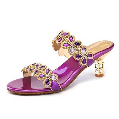Manera de Las Mujeres del Rhinestone de Bling de Tiras Bloque Deslizamiento de Talones de la Boda Vestido de Fiesta Sandalias Atractivas (Color : Purp