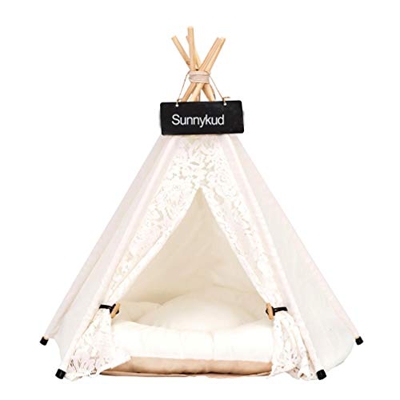 Sunnykud Pet Teepee Tienda de campaña de encaje para perros con diseño de cebra extraíble y lavable, para gatos o perros, con cojín de 40 x 40 x 50 cm