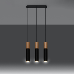 Lámpara colgante Tube, madera, negro, 3 luces características