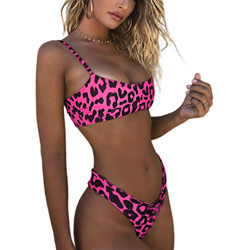 Bikini sexy de dos piezas con estampado de leopardo, con parte inferior de triángulo, push up, para mujer -  Rojo -  Small en oferta