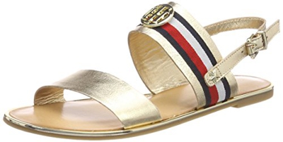 Tommy Hilfiger Corporate Ribbon Flat Sandal Met, Sandalias de Talón Abierto para Mujer, Dorado (Mekong 709), 38 EU