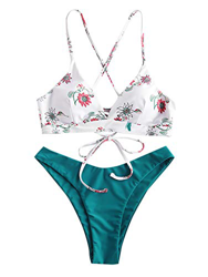 ZAFUL Bikini acolchado con estampado de girasol, tirantes finos, con lazo, para mujer verde oscuro S en oferta