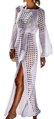 UMIPUBO Vestido de Playa Mujer Suelto Pareos Playa V-Cuello Camisolas y Pareos Ganchillo Vendaje Bikini Traje de Baño Cover up Tunica Talla Grande (Bl