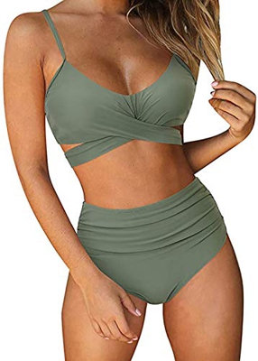 HenzWorld Traje de Baño Tankini Floral Estampado de Cintura Alta para Mujer Traje de Baño de Bikini Halter Sexy para Mujer Traje de Dos Piezas (Verde 