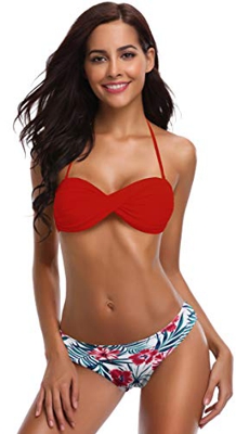 SHEKINI Traje de Baño de Dos Piezas Bikini Set Traje de Baño Floral Sexy Halter Bikini (M, Rojo)