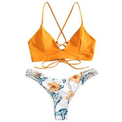 ZAFUL Conjunto de Bikini con Relleno Push Up Triangular Busto Ajustable con Tirantes Cruzados Traseros Estampado Talle Bajo (Amarillo, S) precio