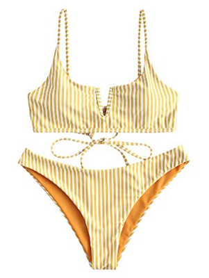 Zaful Bikini sexy en forma de V con tirante fino y diseño de rayas amarillo S