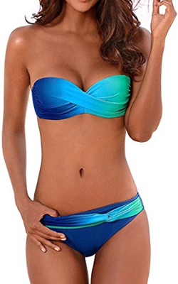 PANOZON Mujer Bikini Traje de Baño Sexy Cuello Halter Acolchado Conjunto Pushup Braga 2 Piezas (X-Large, Azul Verde)