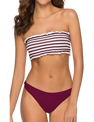 Voqeen Mujer Bikini Caliente de Volantes a Rayas Traje de baño Bandeau Top Cintura Alta Inferior