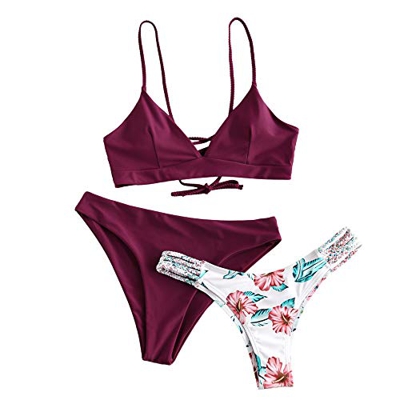 ZAFUL Conjunto de bikini de tres piezas para mujer, diseño floral rojo S