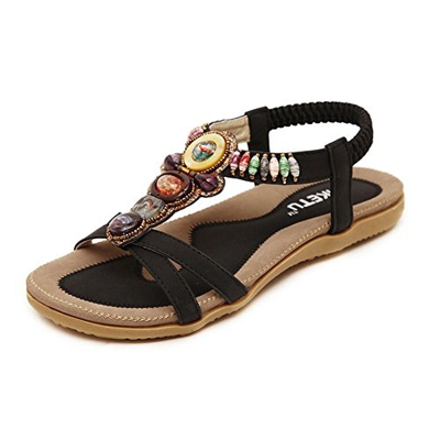 YOUJIA Mujeres Bohemia Sandalias Plano Peep Toe Rebordeado Zapatos de la Playa Ocio Sandalias Flip Flop Verano (Negro, EU 41)