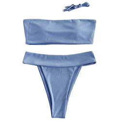 ZAFUL Conjunto de bikini tipo bandeau para mujer, de un solo color, con tirantes de espalda sexy, de nailon de corte alto, traje de baño para verano a en oferta