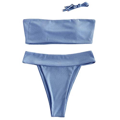 ZAFUL Conjunto de bikini tipo bandeau para mujer, de un solo color, con tirantes de espalda sexy, de nailon de corte alto, traje de baño para verano a