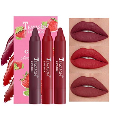 Mimore Lápiz labial 3 piezas/juego Sabor a fruta Mate Lápiz labial Crayon Duradero Impermeable A prueba de manchas Moda portátil completo Kit de maqui