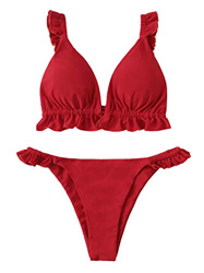 DIDK Bikini Brasileños Sexy Mujer Conjuntos de Bikini Cintura Alta Volante Traje de Baño Bikinis Brasileños Tanga Rojo M en oferta