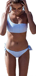 CheChury Mujer Conjuntos De Bikini Rayas Talle Alto Retro Brasileños Sexy Un Hombro Traje De Baño 2 Piezas Cuello Push Up Bandage Playa Verano características