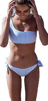 CheChury Mujer Conjuntos De Bikini Rayas Talle Alto Retro Brasileños Sexy Un Hombro Traje De Baño 2 Piezas Cuello Push Up Bandage Playa Verano