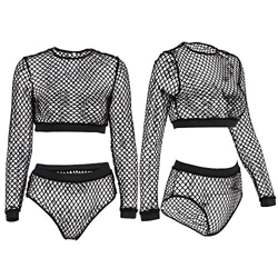 Sexy Women Hollow out Bikini Sets Summer Long Sleeve Fishnet Swimwear Beach High Waist Bandage Bikini Set (Black, M) en oferta