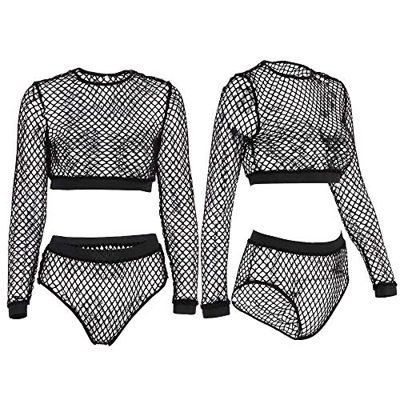 Sexy Women Hollow out Bikini Sets Summer Long Sleeve Fishnet Swimwear Beach High Waist Bandage Bikini Set (Black, M)
