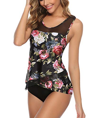Aibrou Bañador Mujer Blouson Tankini Traje de baño Impreso/Color Sólido Camiseta sin Mangas Top y Pantalones Cortos 2 Piezas Traje de baño Adelgazante