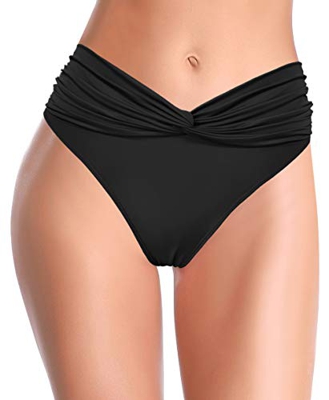 SHEKINI Braguitas De Bikini De Cintura Alta para Mujer BañAdor con Cintura Fruncida Braguita con PuñOs (Negro, M)
