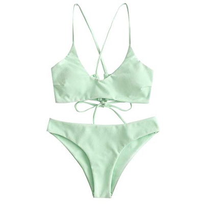 ZAFUL Criss Cross Lace Up - Bikini acolchado para mujer verde S