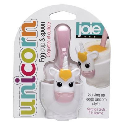 Set 4 hueveras con cucharas, Diseño Unicornio Blanco y Rosa
