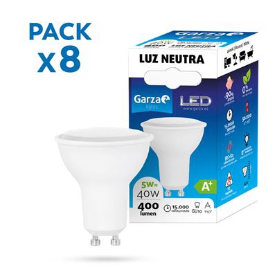 Garza - Pack de 8 Bombillas LED de bajo consumo estandar GU10 de 400LM y 5W de potencia equivalente a 40W y temperatura blanco neutro 4.000K 15.000H duración - Pack 10 bombillas