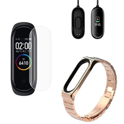 Kit Pulsera Acero Stainless Lux + Herramienta + Cargador Usb Charger + Película Protectora Pantalla Gel Full Cover Xiaomi Mi Band 4 oro