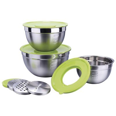 Set 3 Boles Multifunción Acero Inoxidable, Tapas de Silicona y Procesador