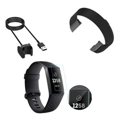Kit Pulsera Milanese Loop Cierre Magnético + Cargador Usb Charger + Película Protectora Pantalla Gel Full Cover Fitbit Charge 3 Negro en oferta