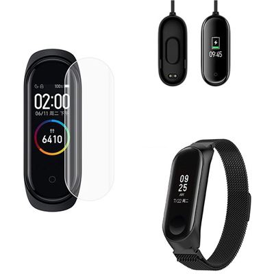 Kit Pulsera Milanese Loop Cierre Magnético + Cargador Usb Charger + Película Protectora Pantalla Gel Full Cover Xiaomi Mi Band 4 Negro