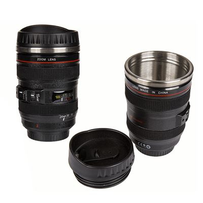 Taza Réplica Objetivo de Fotografía, Estilo Canon, Acero Inox, 15 cm alto x 8 cm