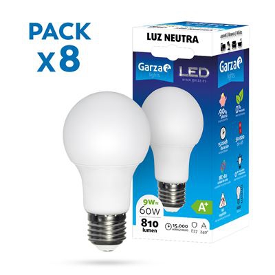 Garza - Pack de 8  Bombillas LED de bajo consumo estandar A60 E27 de 810LM y 9W de potencia equivalente a 60W y temperatura blanco día 4.000K 15.000H duración - Pack 10 bombillas